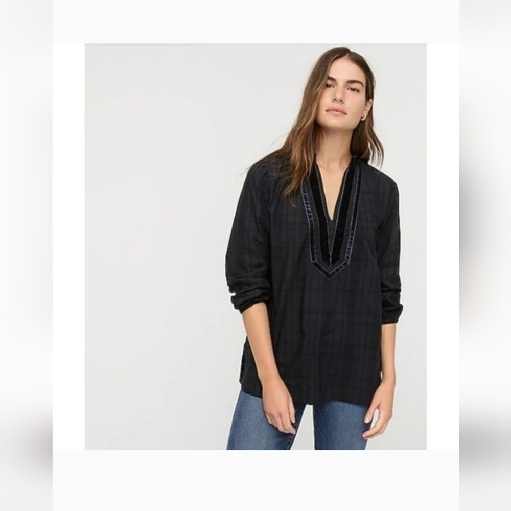 J. Crew Black Watch Tartan Tunic with Velvet Trim, Small